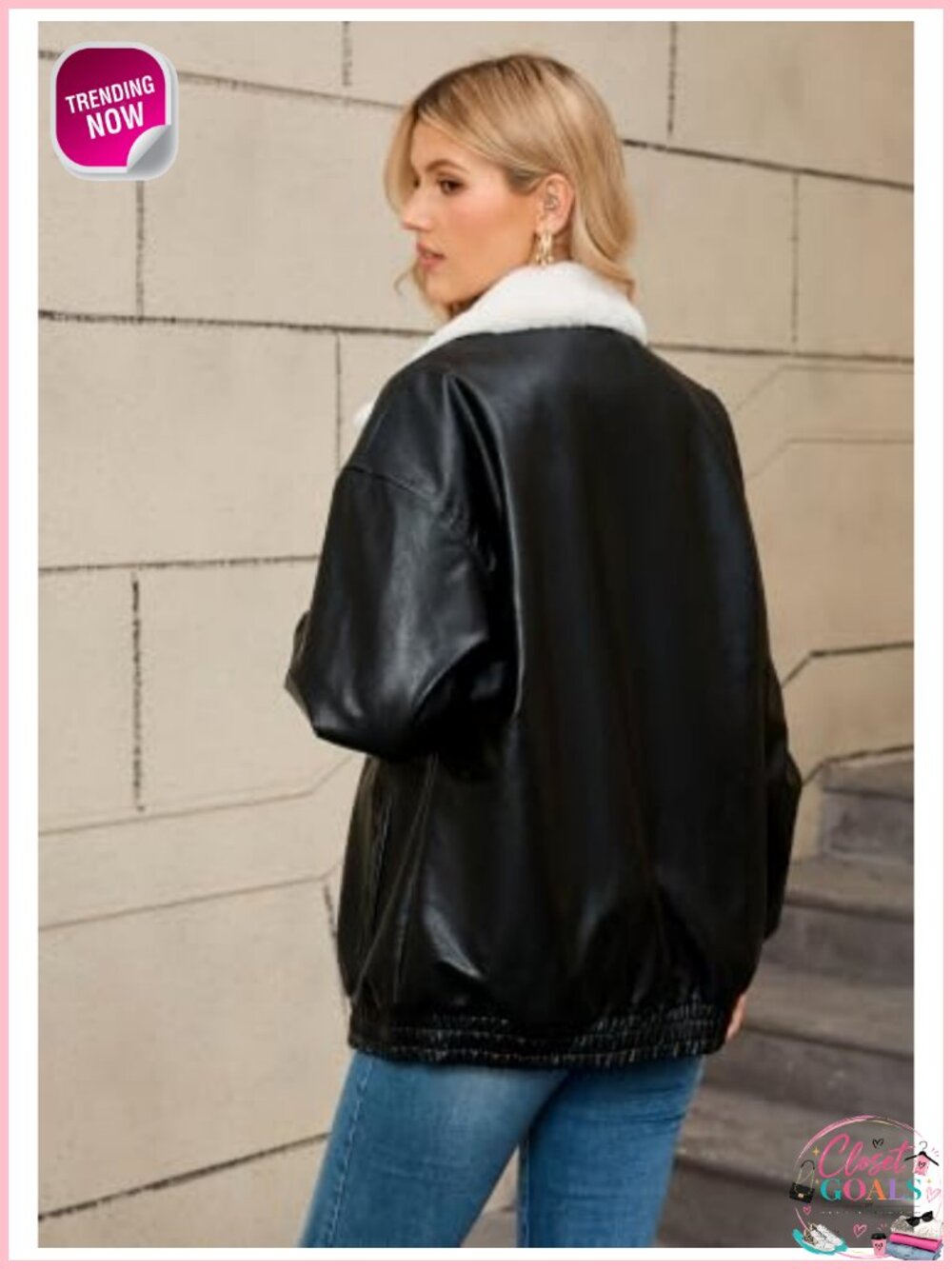 WINDFIT Women's Faux Leather Jacket Fleece Lined Zip Ribbed Oversized Coat - Picture 4 of 6